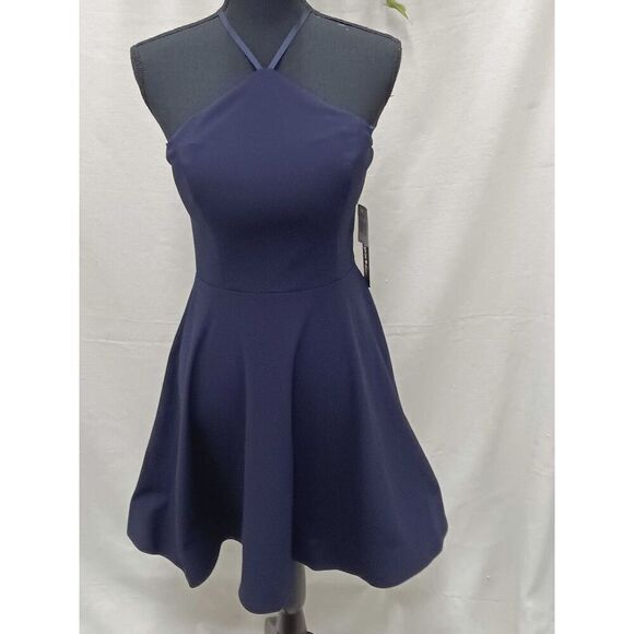 Sequin Hearts Junior's Women's Sequined Lace-Back Scuba Dress - Navy 7 - Picture 2 of 8